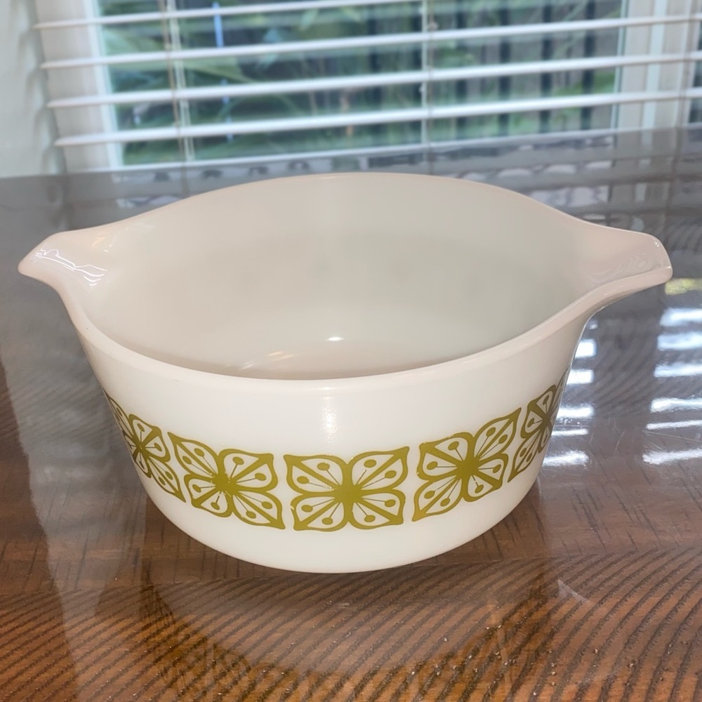 Vintage Pyrex White Bowl with Green Pattern